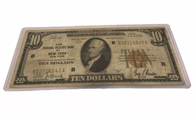1929 $10 Ten Dollar Federal Reserve Bank of New York Note
