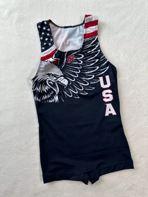 New GK ELITE Gymnastics Leotard SINGLET Olympic USA Boys EAGLE Flag SIZE: AXS