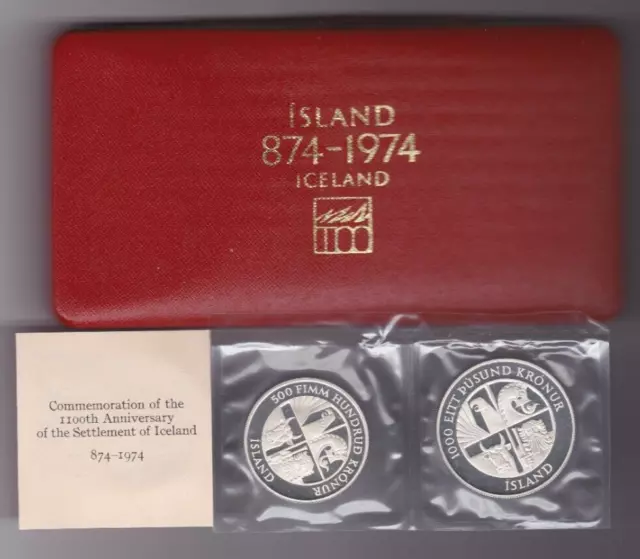 Boxed 1974 Iceland Silver Proof Two Coin Set With Certificate - Mint Condition