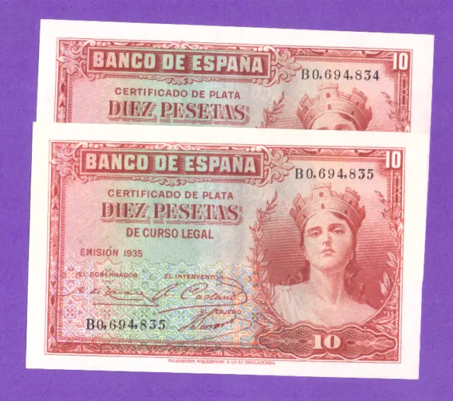 Spaiin-Banknote    Rare  Consecutive Pair  -  10   Pesetas  1935 -  Unc