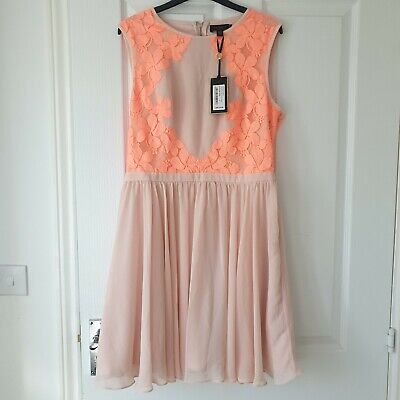 BNWT Ted Baker Lace Detail Colour Block Coral And Nude Dress TB 4 UK 14 RRP £149