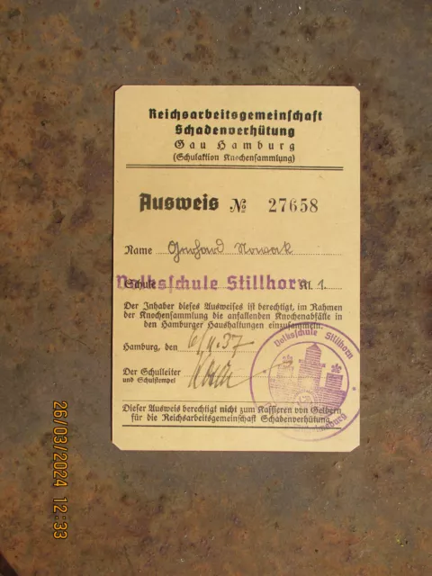 Ausweis Gau Hamburg Für Schadenverhütung Knochensammlung Vs Stillhorn 1937