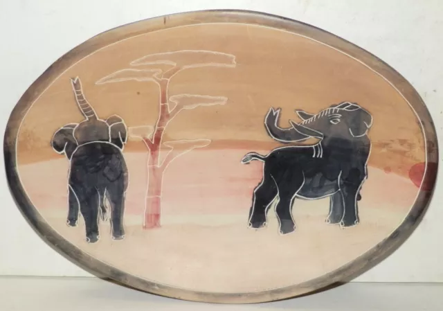African Kenya Hand Carved Soapstone Plate Bowl Dish Elephants 10" x 7"