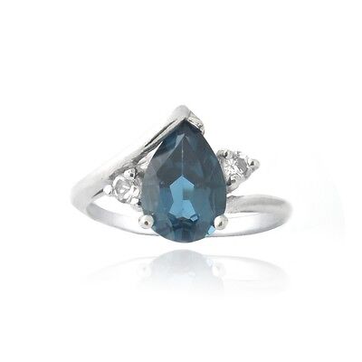 925 Silver 2.25ct. London Blue Topaz and White Topaz Stone Pear Shape Ring