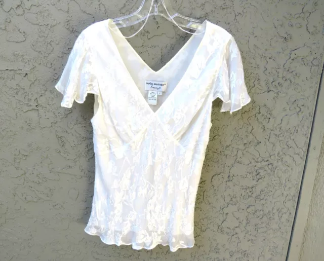 Papell Boutique Evening Top Sz L White Beaded Silk Blend Lined Short Sleeve