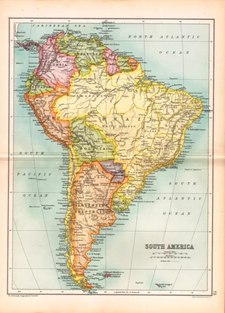 1909 Map ~ South America ~ Brazil Peru Argentine Colombia Ecuador