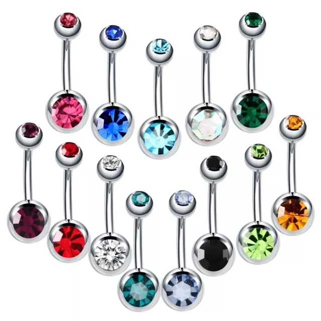 Double CZ Zirconia Belly Bar Surgical Stainless Steel Button Ring Gem Crystal