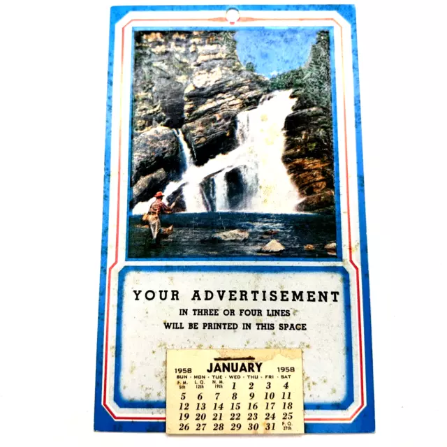 1958 Salesman Sample Advertising Mini Hanging Wall Calendar Embossed Fishing C12