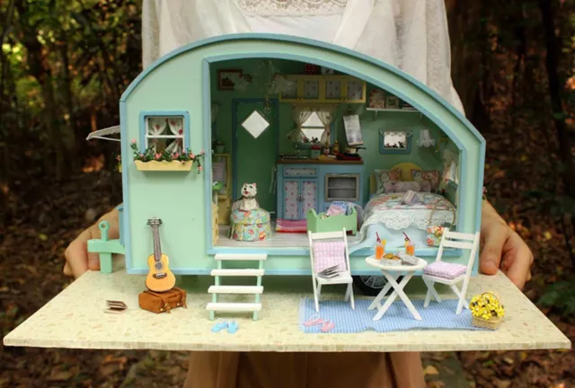 DIY Dollhouse Travel Caravan Wooden Dollhouse Miniature Doll House LED Music Box