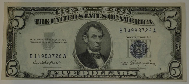 1953 Series $5 Five Dollar BLUE Seal Note Silver Certificate Old US Bill