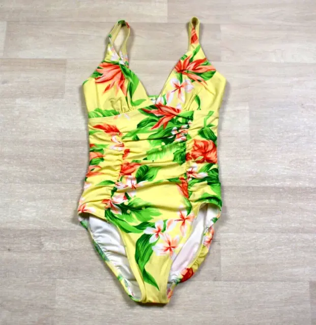90s Christina Yellow Floral One Piece Bathing Suit Swimsuit 10L Ruched High Cut