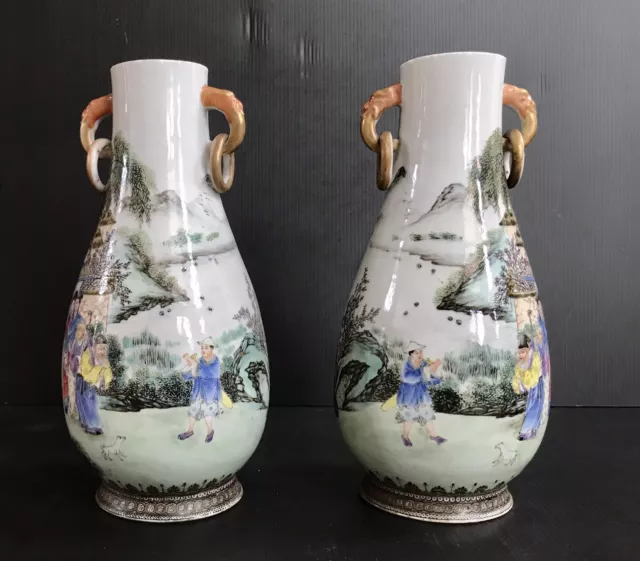 Mirror Pair of Antique Chinese Hand Painted Taohuayuan Porcelain Vases