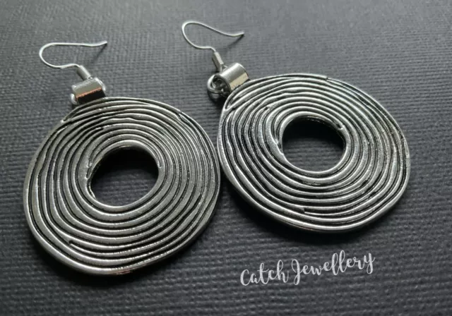 Tibetan SILVER Ethnic Swirl Disc Drop Dangle Oversized earrings Boho Gypsy