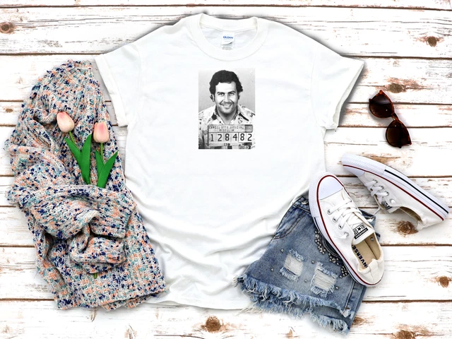 T-shirt donna bianca Pablo Escobar Mugshot Columbia Cartel 3/4 manica corta K512