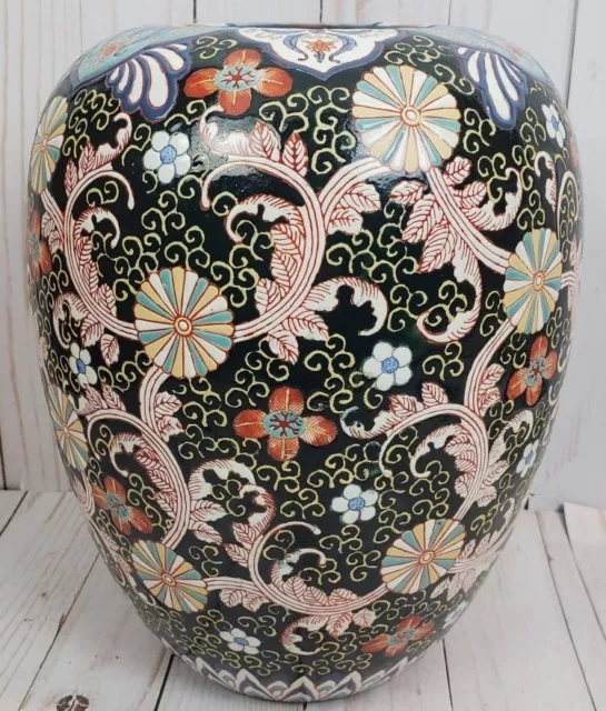 Chinese Famille Noir Chinoiserie Vintage Urn Vase  Black Floral Old Patina 11X8