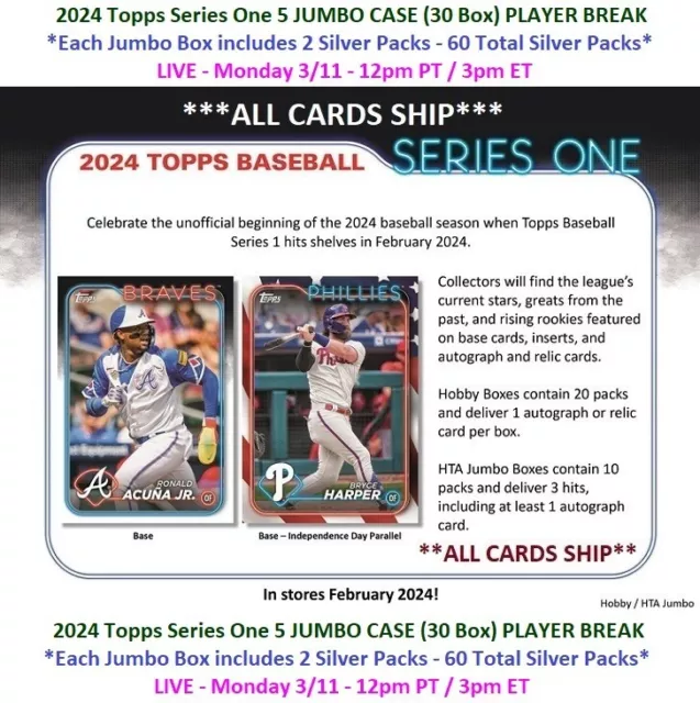 JESUS LUZARDO MIA 2024 Topps Series 1 JUMBO 5 CASE 30 Box PLAYER BREAK