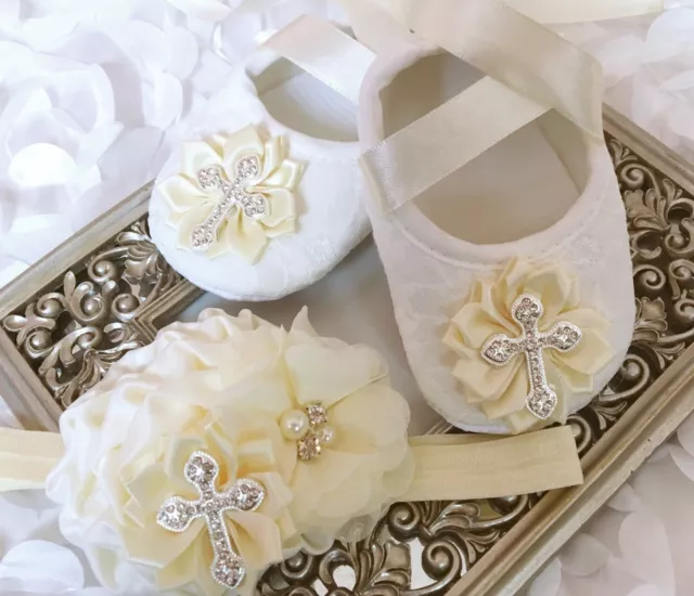 Baby Girl Ivory Christening Shoes Baptism Cross Satin Flower Headband Set