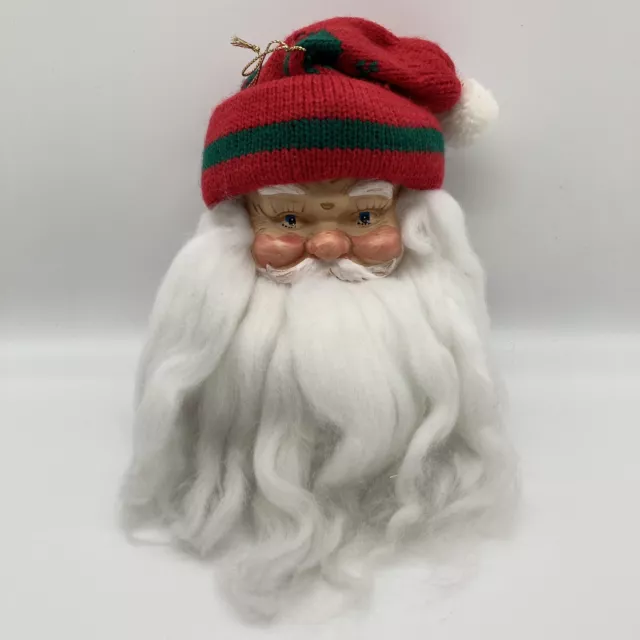 Vintage Santa Claus Face Head Large Christmas Ornament Red Hat Beard Jingle Bell