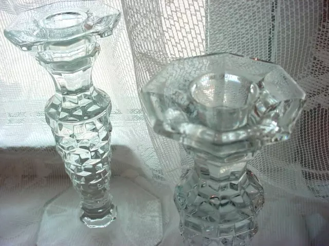 Octagonal Candlesticks Clear Glass Pair Tumbling Block Pattern 3