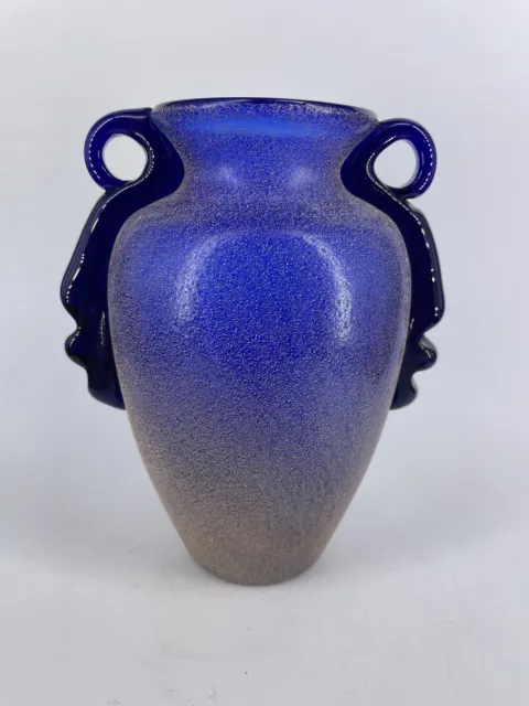 Dale Tiffany Studio Art Glass Cobalt Blue Vase Scavo Texture Handles
