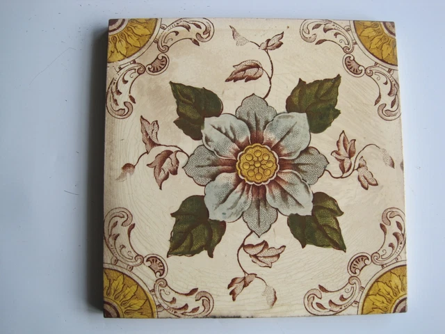 Antique Victorian Pilkington's 6" Sq. Print & Tint Blue Floral Tile C1892-1910