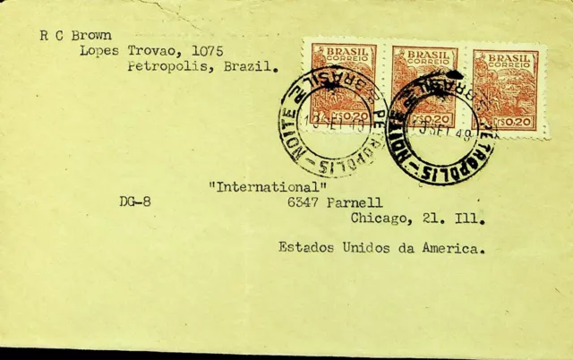 Brazil 1949 Post Wwii Strip Of 3 On Cover From Petropolis To Usa
