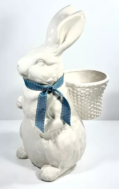 Pottery Barn White Bunny Rabbit With Basket Ceramic Figurine 12.5 in Tall