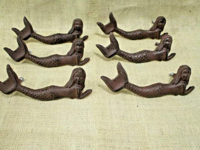 6 Cast Iron NAUTICAL MERMAID Drawer Pull Door Handles Gate Rustic Beach House