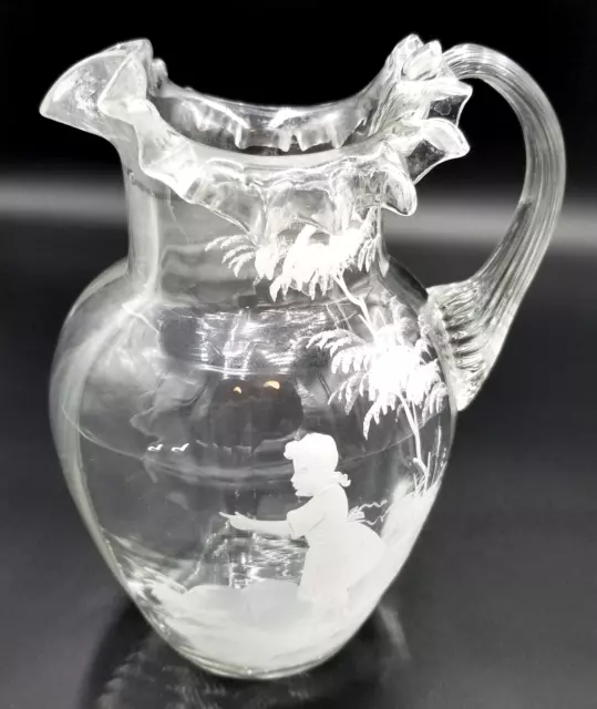 Mary Gregory Clear Glass 8 3/4" Tall Handled Pitcher Hand Blown
