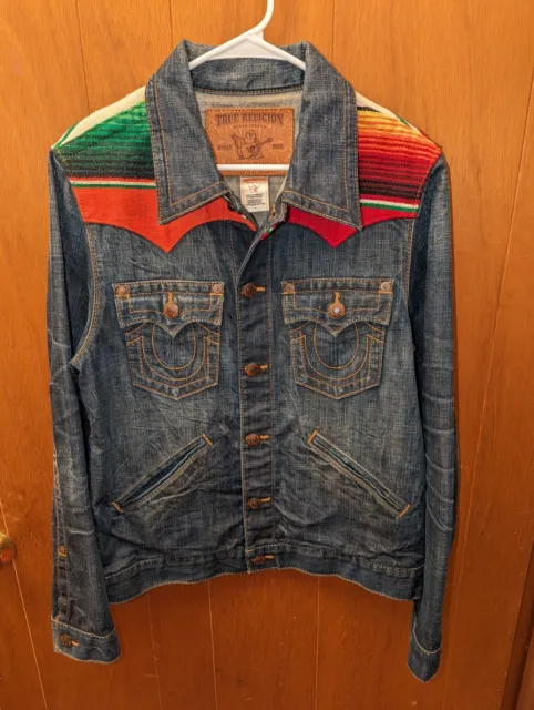 True Religion Johnny Baja Western Button Front Denim Jacket Large Multicolor