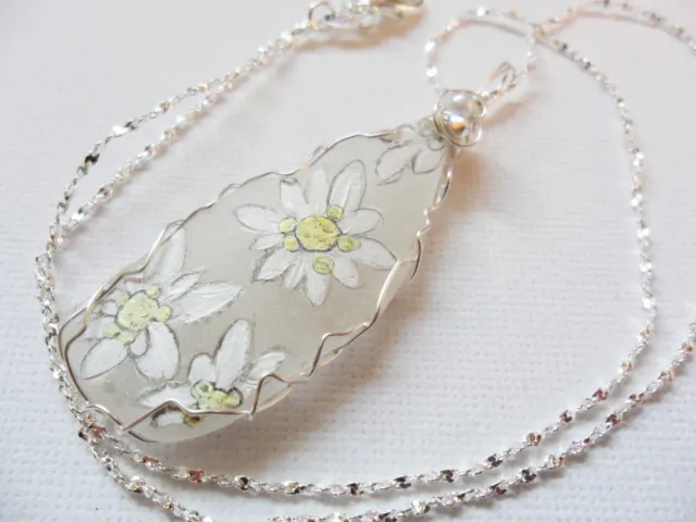 Edelweiss flower - Hand painted Sea glass necklace - 18 inch silver plated chain