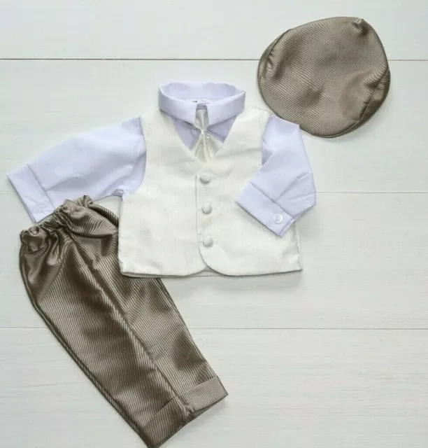 Baby Boy Christening Pageboy Formal Smart Outfit Waistcoat Hat White Beige 0-18M