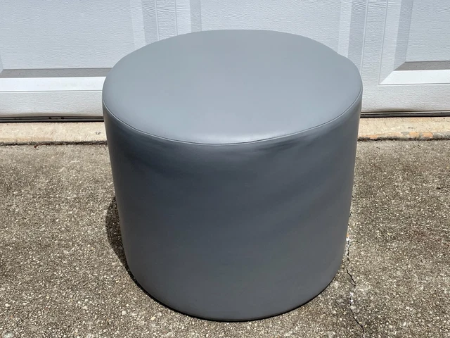 New Round Designer Ottoman Footstool Pouf in Italian Leather Light Grey USA made