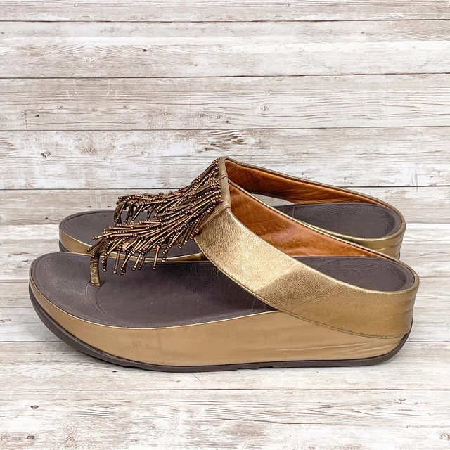 Fitflop Cha Cha Sandal Womens 8 Bronze Leather Beaded Thong Flip Flop Wedge Shoe 3