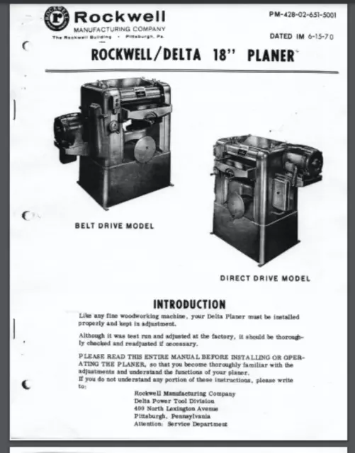 Delta Rockwell 18 inch Planer owner parts manual 24 pages 1970 belt and direct