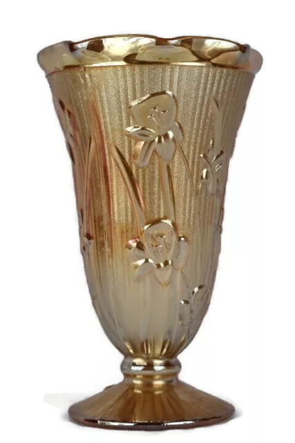 Jeanette Carnival Glass Peach Opal Iris & Herringbone Footed Flower Vase 9" H