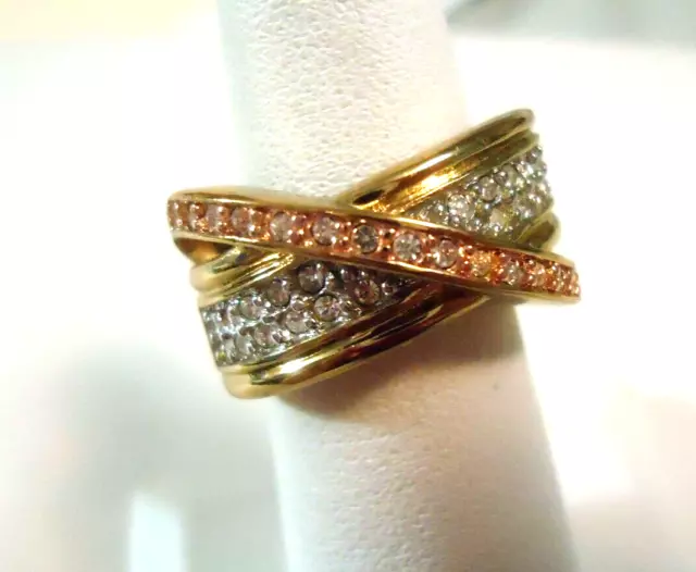 Avon Ring Crossover Band Goldtone & Silvertone Pave CZs Set Sizes 6-7