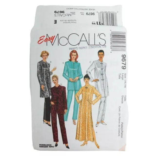 McCalls 9679 Misses Robe Top Pants Sewing Pattern Size 16-18 Uncut Mandarin