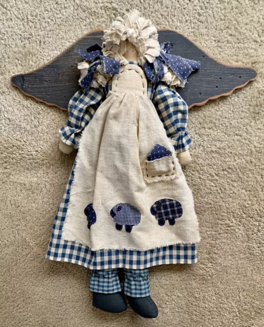 Vintage Primitive Handcrafted Hanging Folk Art Angel Doll  Wooden Wings 24”