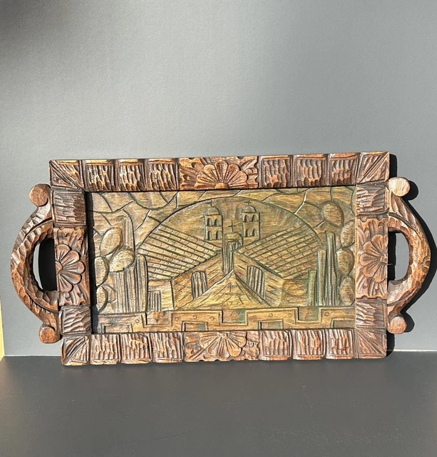VTG HAND CARVED Wood Bas Relief w/glass Serving Tray Wall Decor, Mexico