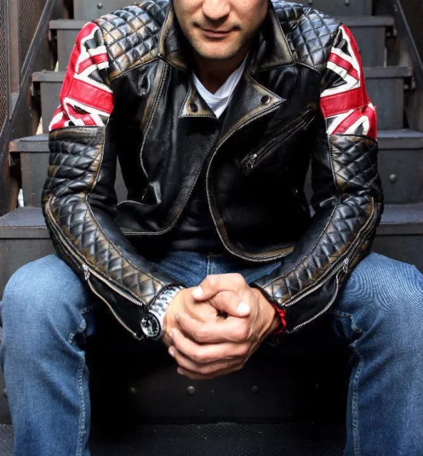MENS BIKER QUILTED Vintage Motorcycle Distressed Brown Cafe Racer Leather Jacket 89.99 PicClick UK