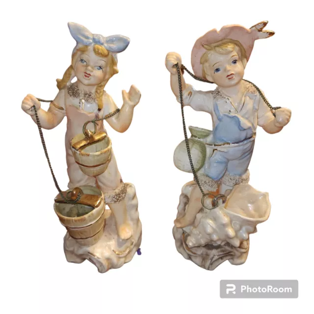 VTG Set Of 2 1958 7.5" Porcelain Girl & Boy W/ Water Buckets & Seashell Figurine