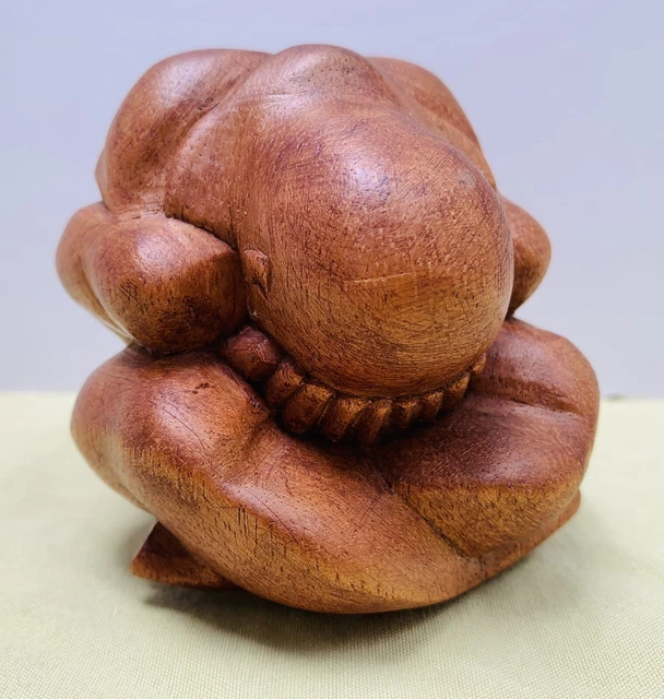 Hand Carved Wood Weeping Buddha Sculpture, Crying Monk Yogi Man Figurine 3.25”H.