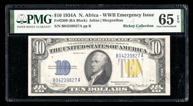 DBR 1934-A $10 North Africa Silver Gem Fr. 2309 PMG 65 EPQ Serial B04239827A