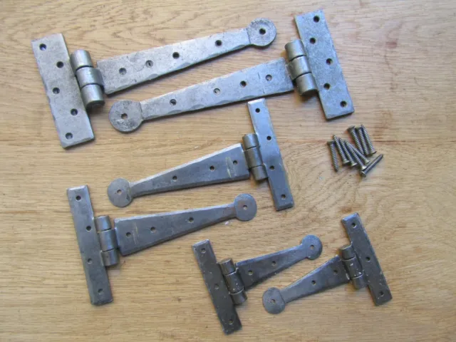 PAIR OF HAND FORGED blacksmith traditional rustic old english door t tee hinges