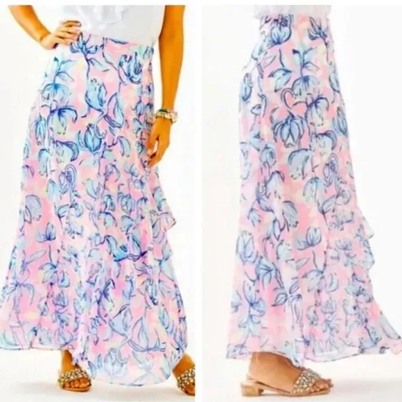 New Lilly Pulitzer Agnes Skirt Sweet Pea Pink Chasing The Sun Blue 2