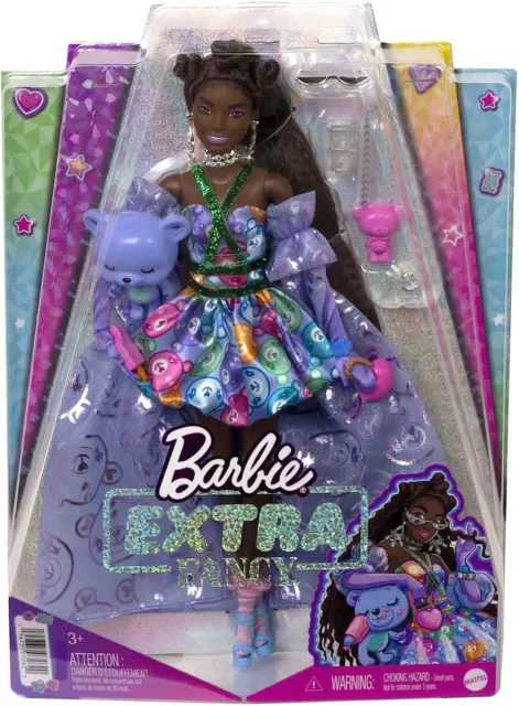 Barbie Extra Fancy Doll in Teddy-Print Gown eddy Bear Pet, Extra-Long Hair HHN13