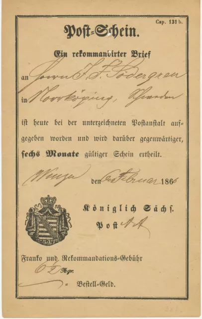 SACHSEN 1866 Postschein der Königlich Sächs. Post WURZEN - NORRKÖPING, SCHWEDEN