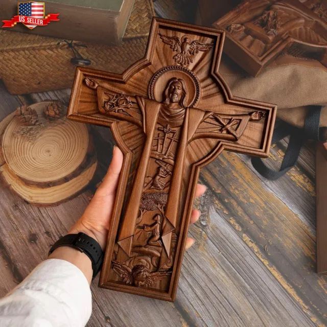 Handmade Large Wooden Hand Carve Church Crucifix Cross Jesus Christ Resurrection