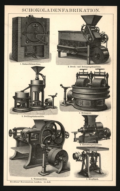Druck anno 1898 - Schokolade Kakao Conche Chocolatier Röstmaschine Walzmaschine